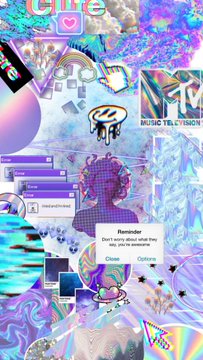 A colorful, chaotic digital collage or wallpaper featuring various icons, a disco ball, and a pop-up reminder notification that reads 'Don't worry about what they say, you're beautiful'.