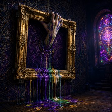 An ornate golden picture frame hangs on a mystical dark wall, with a skeletal hand gripping its top edge while vibrant rainbow-colored paint drips from the empty canvas onto the floor below. The image ties to the "Frame Your Art" theme by transforming the frame itself into the central artwork, blending gothic aesthetics with surreal, colorful elements.