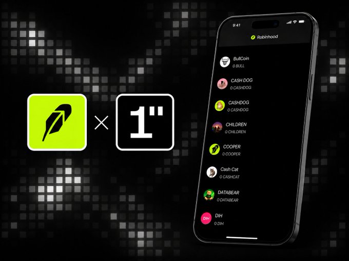 Promotional graphic showing the Robinhood app's crypto wallet with a collaboration between the green feather logo and 1inch (1"), displaying token listings like BullCoin, CASH DOG, CASHDOG, CHILDREN, COOPER, Cash Cat, DATABEAR, and DIH on a smartphone screen.