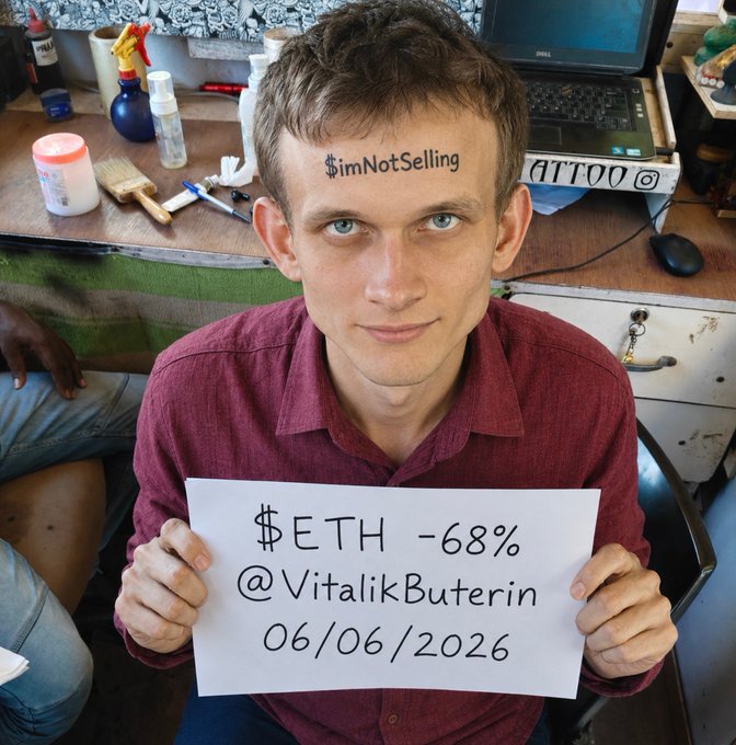 This image shows a young man sitting at a desk, wearing a red shirt with a "Not Selling" tattoo on his forehead. He is holding up a sign that reads "$ETH - 68%". The man's facial expression is neutral and he appears confident while displaying the sign.