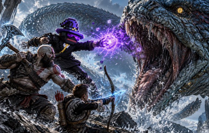 A digital artwork depicting the video game character Kratos from God of War alongside Atreus fighting a giant sea serpent, with a small pixelated figure casting purple magic.