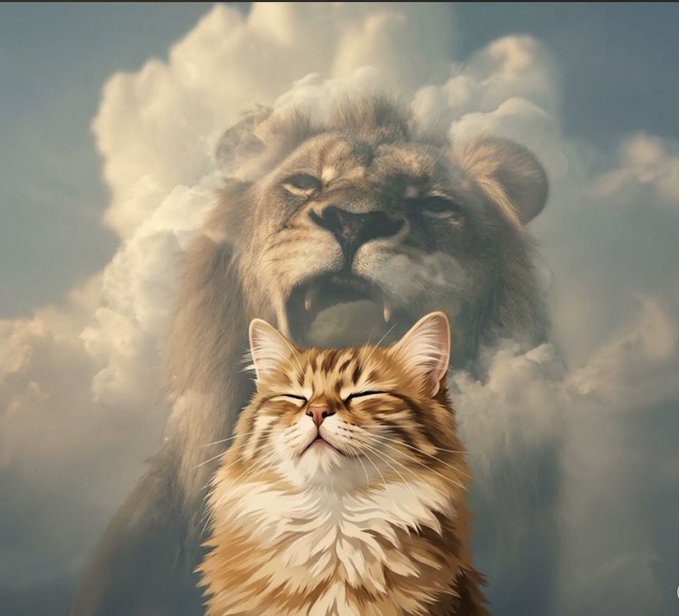 A peaceful, content-looking orange tabby cat sits in the foreground with its eyes closed, while an enormous, majestic lion's face looms ethereally behind it amongst the clouds. The image visually symbolizes the post's confident projection of $CATE's growth from "50m" to a "trilly" market cap, using the serene cat representing the current calm state and the mighty lion embodying the massive future potential.