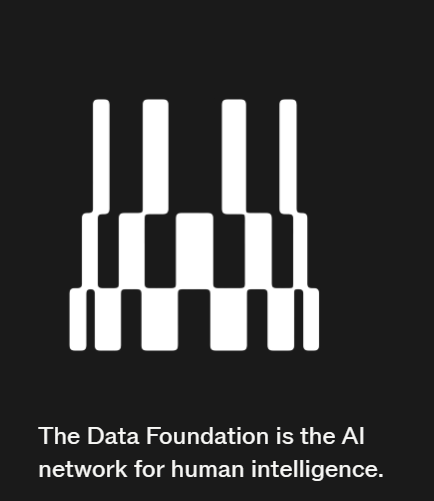 A black graphic features a stylized white icon resembling equalizer sliders or vertical bars of varying heights, with the text "The Data Foundation is the AI network for human intelligence." below. The post positions $DATA as the successor to $IP in the next phase of AI development, emphasizing that data ownership, verification, and trust—not just model quality—will define the future of artificial intelligence.