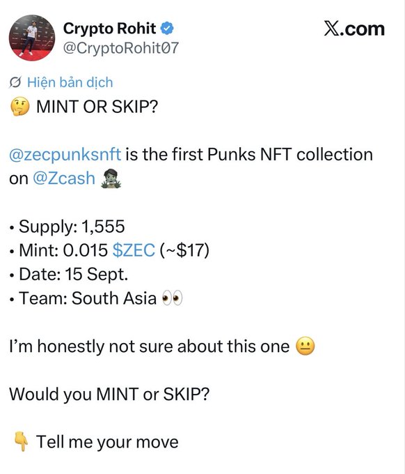 A tweet from Crypto Rohit (@CryptoRohit07) asking 'MINT OR SKIP?' about the @zecpunksnft collection on Zcash, listing details like 1,555 supply, 0.015 ZEC mint price, and a September 15 date.