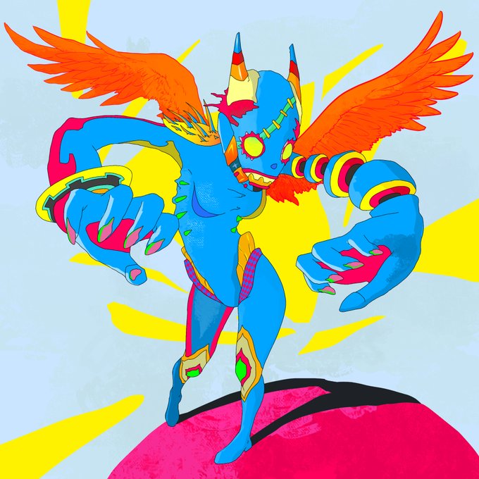A colorful cartoon illustration of a blue demonic creature with orange wings, glowing yellow eyes, and clawed hands in an aggressive pose against a yellow and pink background.