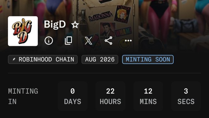 A screenshot shows the NFT collection "BigD" on Robinhood Chain, with minting starting soon in August 2026 and a countdown timer displaying 0 days, 22 hours, 12 minutes, and 3 seconds remaining. The image supports the post announcing the BigD team's upcoming mint on Robinhood Chain, highlighting the imminent launch referenced in the tweet.