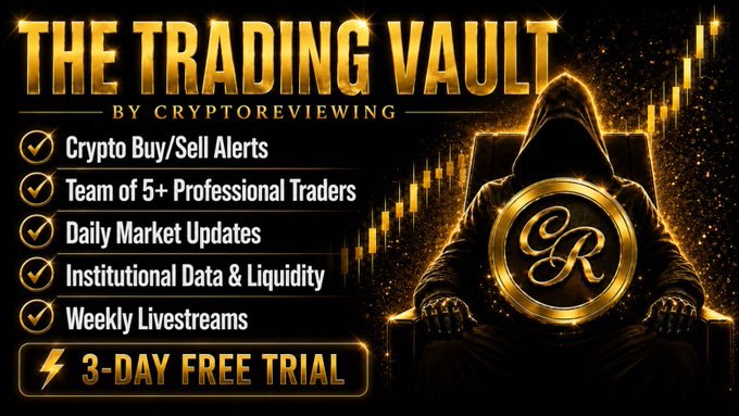 A promotional graphic for "The Trading Vault by CryptoReviewing" features a hooded figure holding a golden "R" emblem alongside a list of services—including crypto buy/sell alerts, a team of 5+ traders, daily market updates, institutional data, and weekly livestreams—with a "3-Day Free Trial" call-to-action button. The ad visually reinforces the post's announcement of the vault's launch, highlighting the private crypto trading floor's premium offerings at cryptoreviewing.com/vault.