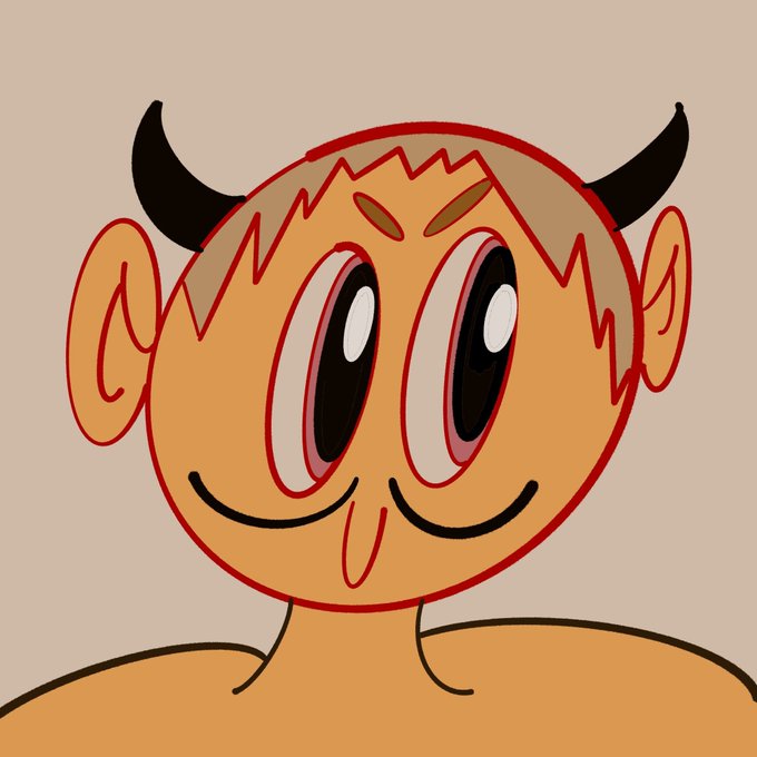 A cartoon illustration of an orange-skinned character with small black devil horns, large round eyes, and a mischievous smile against a beige background.
