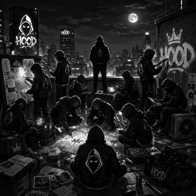 Hooded figures gather on a moonlit rooftop amid scattered papers, graffiti, and crates bearing the "HOOD" name and masked logo, as one lone figure stands watch over the group's activity—fulfilling the post's "Find The Watcher" challenge. The central standing hooded silhouette appears to be the watcher referenced in Day #2 of the HOOD hunt.
