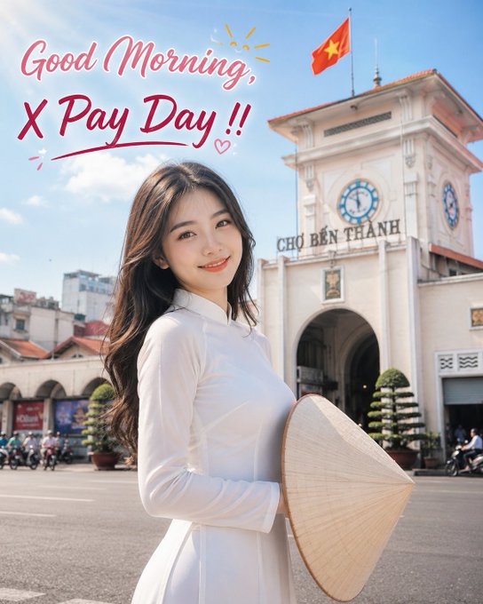 A young woman in a white áo dài holds a conical hat in front of Ben Thanh Market (labeled 'CHỢ BẾN THÀNH') with the text 'Good Morning, X Pay Day !!' overlaid.