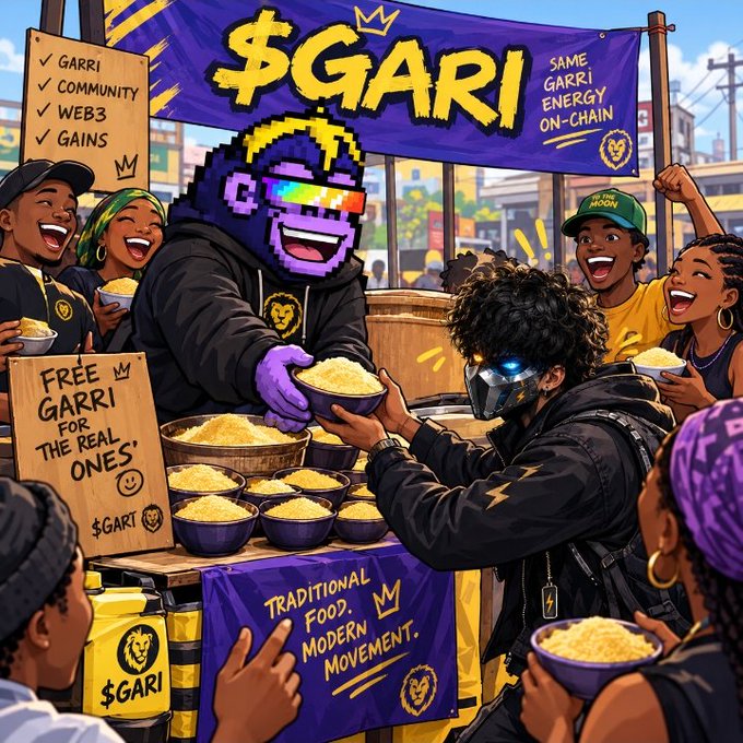 A vibrant, cartoon-style illustration of a '$GARI' street food stand where a pixelated purple mascot serves bowls of gari to a diverse, excited crowd, with banners promoting 'Garri Community, Web3, Gains' and 'Traditional Food. Modern Movement.'