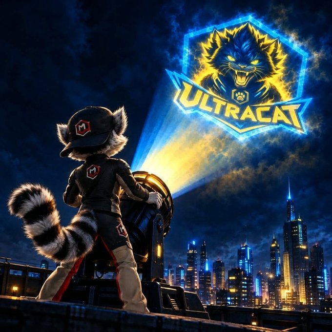A 3D-rendered raccoon character in a black and red uniform and cap operating a spotlight that shines the 'ULTRACAT' logo—a snarling cat face emblem—against a night city skyline.
