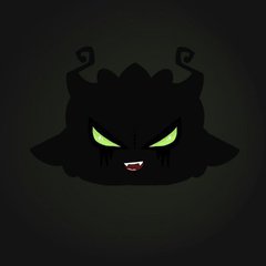 A dark, minimalist digital illustration of a stylized black cat-like face with glowing yellow eyes and a small smile, set against a dark gradient background.