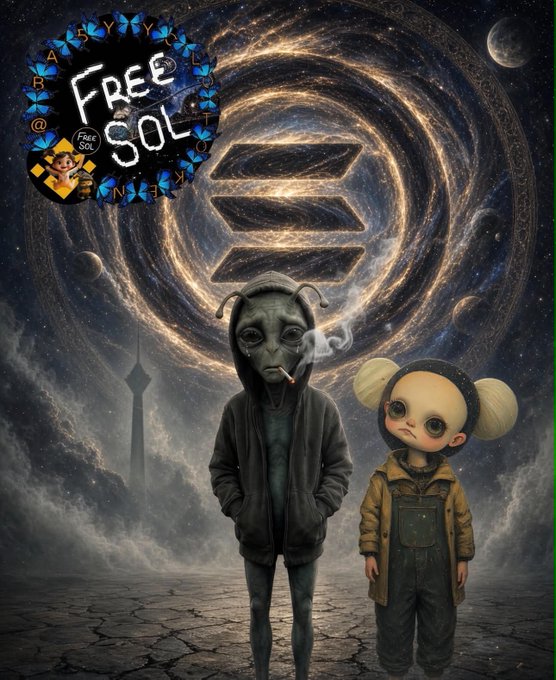 A sci-fi themed illustration showing a gray alien smoking a cigarette and a doll-like character standing together, with the FreeSol token logo featuring blue butterflies in the top-left corner, set against a cosmic background with a Solana logo.