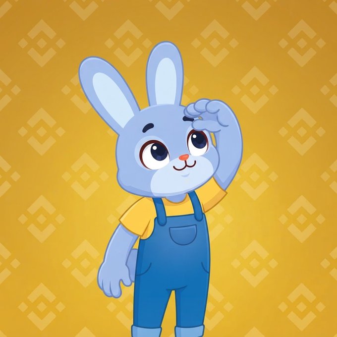 A cartoon blue bunny character wearing a yellow shirt and blue overalls stands against a yellow patterned background, shielding its eyes with one paw as if looking into the distance.