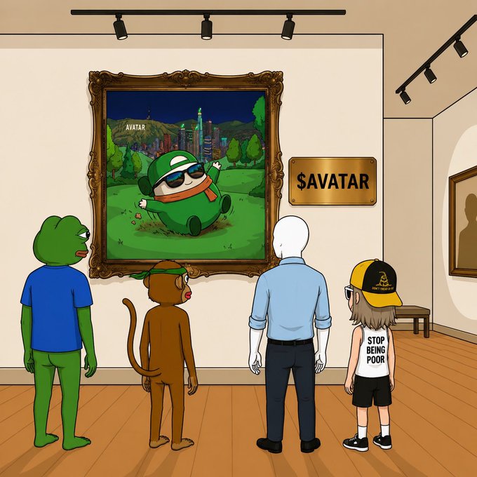 A cartoon illustration shows an art gallery scene where various characters, including Pepe the Frog and a monkey, admire a framed portrait labeled '$AVATAR'.