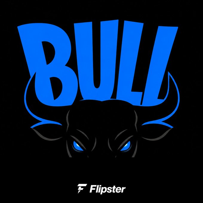 A black background graphic with large blue 'BULL' text above a stylized black bull head with glowing blue eyes, with the 'Flipster' logo at the bottom.