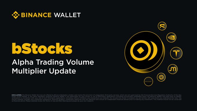 The image is a promotional banner from Binance Wallet announcing an update to the "bStocks Alpha Trading Volume Multiplier," featuring a central Binance logo surrounded by various crypto ticker symbols. The banner relates to the post by highlighting Binance's stock trading feature, where users can now use limit orders to trade specific assets like GRVT and BSB without relying on the 4x trading volume multiplier to boost their Alpha points.
