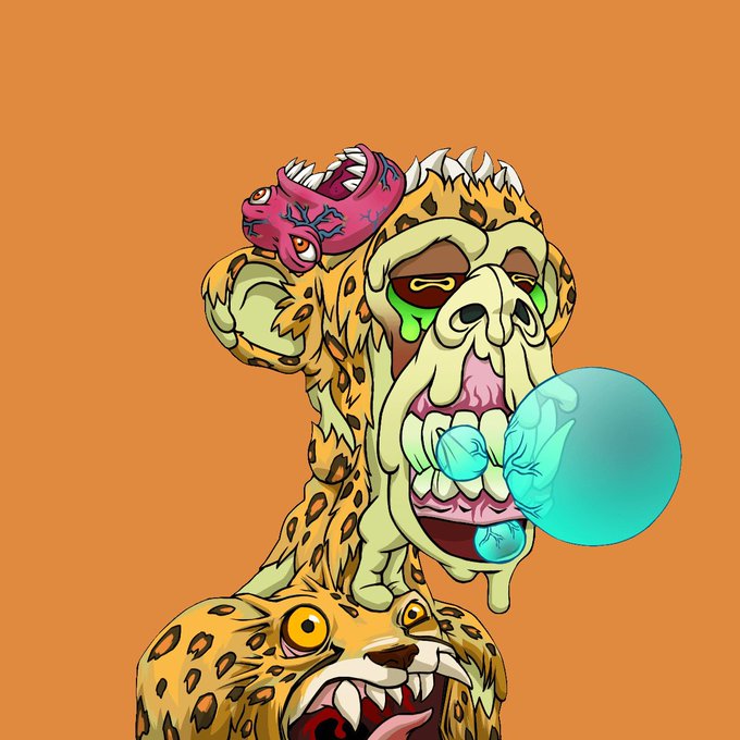 A cartoon illustration of a grotesque leopard character with green drool, a smaller pink creature on its head, and blowing a large teal bubble gum bubble.