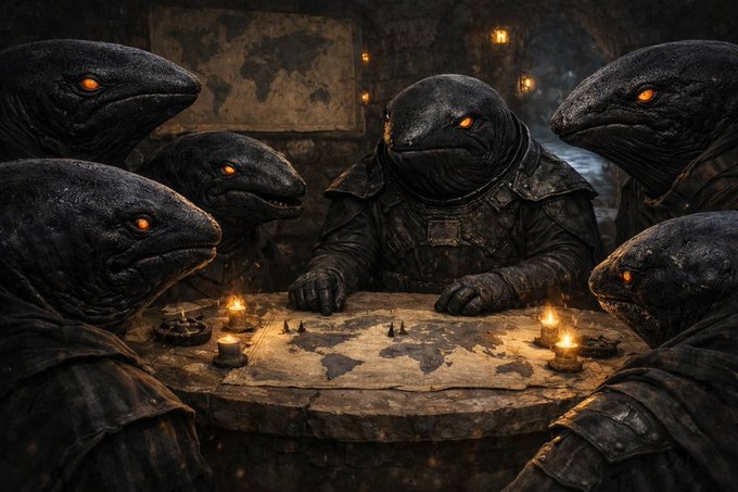 The image features six black sharks sitting around a table with candles lit, creating an eerie atmosphere. One of the sharks has its eyes open, possibly observing something or someone outside the frame. The sharks are arranged in two rows, with three sharks on each side of the table. The background is dark and out of focus, drawing attention to the sharks and their gathering around the table.
