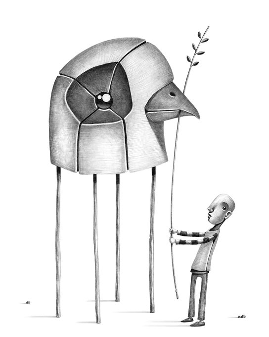 A whimsical pencil-style illustration of a large mechanical bird-like creature standing on thin legs beside a small humanoid holding a leafy branch.