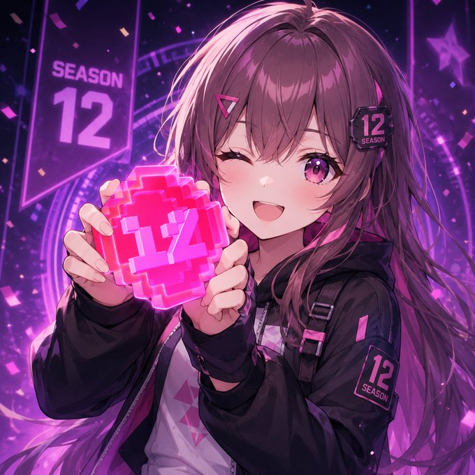 An anime-style illustration of a smiling girl with long pink-purple hair holding a glowing pink heart-shaped object, with 'SEASON 12' text visible on a banner.