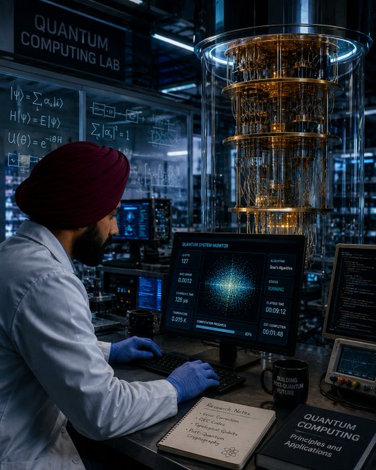 An AI-generated illustration of a researcher in a turban working at a 'QUANTUM COMPUTING LAB' beside a complex quantum computer.