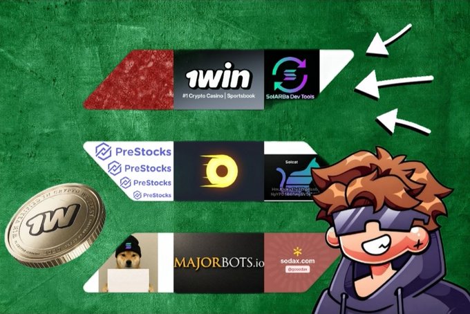 The image features a promotional graphic with a green textured background, displaying sponsor banners for 1win ("#1 Crypto Casino | Sportsbook"), PreStocks, SolarBia Dev Tools, and sodax.com, alongside a gold 1win coin, an arrow pointing to the 1win logo, and a cartoon character wearing goggles. The graphic illustrates the post's message about 1win's logo appearing on the official Solana PFP while contributing $166,946.50 to Nepal flood relief through an auction.