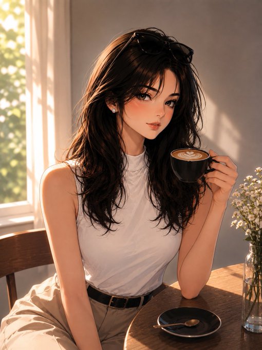 A digital illustration of a young woman with long dark hair and sunglasses on her head, sitting at a table by a window holding a cup of coffee.
