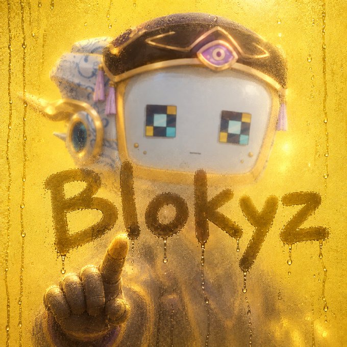 A digital artwork or NFT titled 'Blokyz' featuring a robot character with a TV monitor face displaying pixelated blue eyes, set against a yellow background covered in condensation or water droplets.