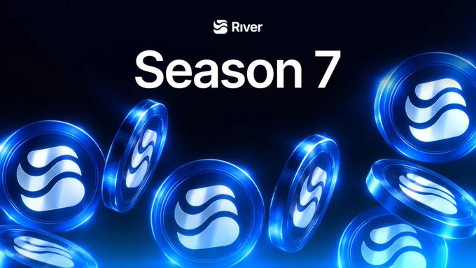 The image features "River" branding with "Season 7" prominently displayed above stylized blue glowing coin-like tokens, signaling the launch of the project's next airdrop phase. This ties directly to the post's commentary on River's sustained airdrop mechanism, marking the seventh season of an ongoing distribution initiative.