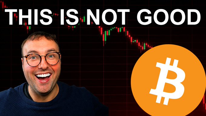 A YouTube-style thumbnail with text 'THIS IS NOT GOOD' showing a smiling man with glasses next to a Bitcoin logo, with a candlestick chart in the background.