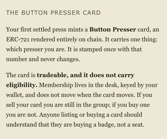 A text excerpt titled "THE BUTTON PRESSER CARD" explains that the Brass Button Presser NFT is an ERC-721 tradeable card that does not carry eligibility for membership, clarifying a social media warning about buyers spending over $1k on the now-useless badge.
