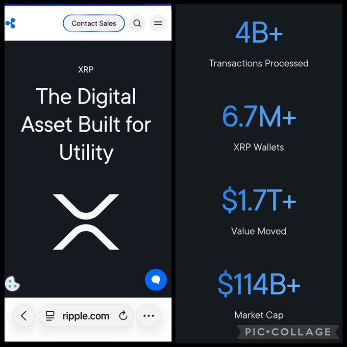 A mobile view of the Ripple website promoting 'XRP: The Digital Asset Built for Utility' with statistics including '4B+ Transactions Processed', '6.7M+ XRP Wallets', '$1.7T+ Value Moved', and '$114B+ Market Cap'.