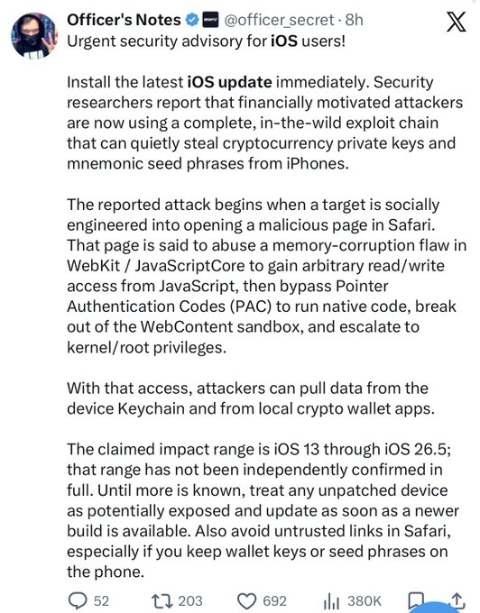 A tweet from Officer's Notes (@officer_secret) issuing an urgent security advisory for iOS users to install the latest update immediately due to a reported exploit chain stealing cryptocurrency keys, affecting iOS 13 through 26.5.