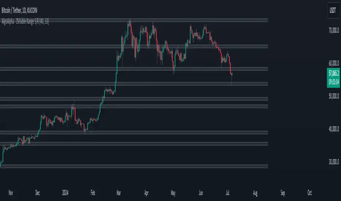 A candlestick chart of 'Bitcoin / Tether' on a weekly timeframe showing a significant price rise and subsequent decline throughout 2024, with current prices around 57,065 on the y-axis.