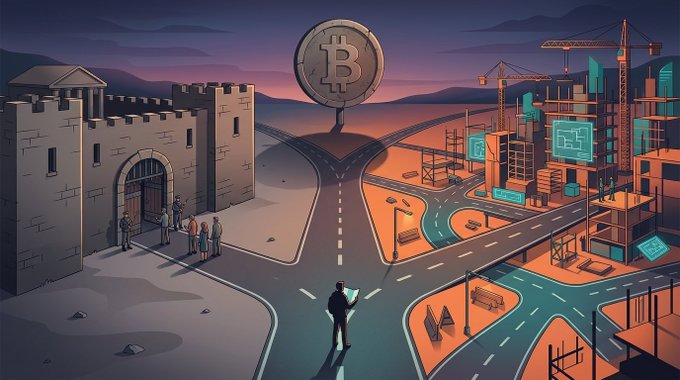 A stylized digital illustration depicting a person standing at a crossroads between a medieval stone castle on the left and a modern cryptocurrency construction site with a Bitcoin logo overhead.