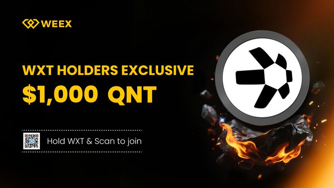 A promotional WEEX banner features the WEEX logo, a flaming black rock beside a large QNT coin emblem, and bold yellow text reading "WXT HOLDERS EXCLUSIVE $1,000 QNT" with a QR code and the prompt "Hold WXT & Scan to join." The ad ties to the post's campaign inviting WXT holders to qualify for $800 QNT rewards by holding WXT, depositing USDT, and trading through WEEX's bot and form.