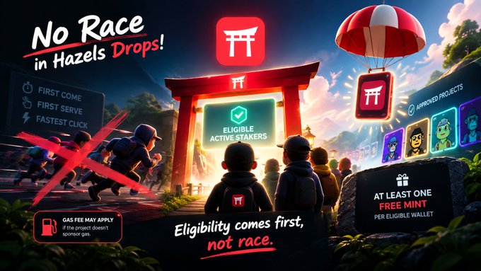 A promotional graphic stating "No Race in Hazels Drops!" and "Eligibility comes first, not race," highlighting active stakers and approved projects.