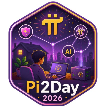 A hexagonal 'Pi2Day 2026' logo badge featuring the Pi Network symbol, depicting a person working on a laptop connected to AI nodes and a Pi cryptocurrency mining device.