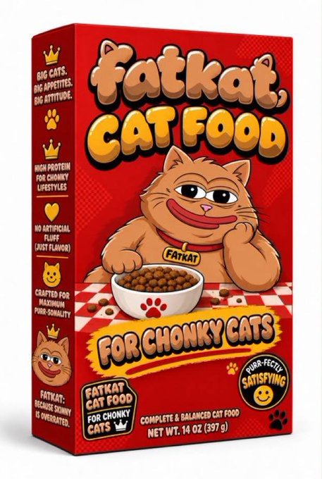 A red box labeled "FATKAT CAT FOOD — FOR CHONKY CATS" features a cartoon of an overweight orange cat eating from a branded bowl, playing directly off the post's tease of $FATKAT as a BNB memecoin with upcoming cat food merch. Side panel text reinforces the meme with slogans like "BIG CATS, BIG APPETITES, BIG ATTITUDE," "NO ARTIFICIAL FLUFF (JUST FLAVOR)," and "FATKAT: BECAUSE SKINNY IS OVERRATED."