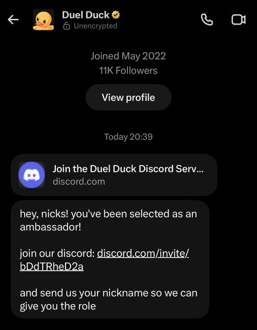 A Telegram message from 'Duel Duck' inviting the user to join their server as an ambassador via a Discord invite link.