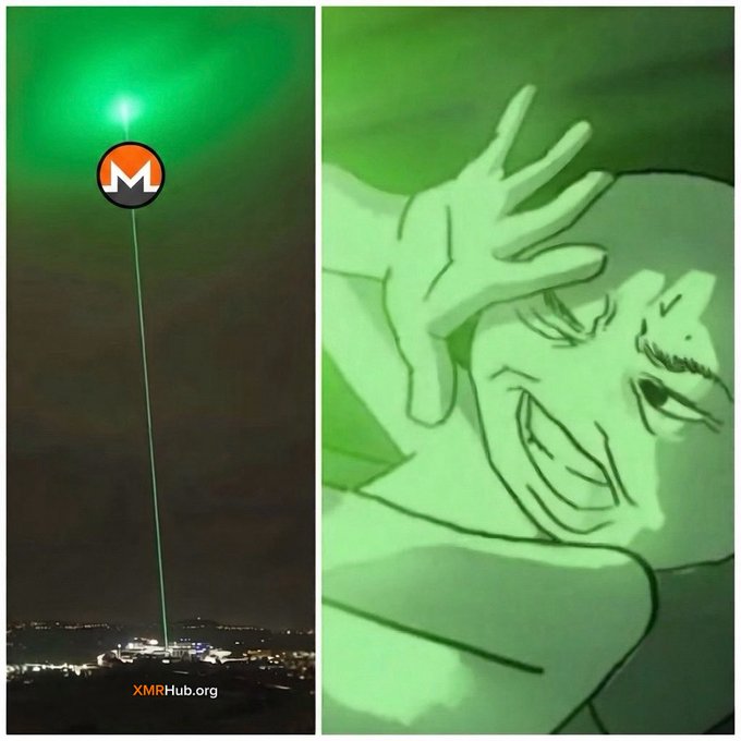 A green laser beam shoots into the night sky from a city skyline, with the Monero (XMR) cryptocurrency logo superimposed on the light, while the right panel shows an anime character reaching toward the green glow, visually echoing the post's bold claim that major financial institutions and tech giants like BlackRock, JPMorgan, Visa, Apple, and Microsoft will one day want XMR.