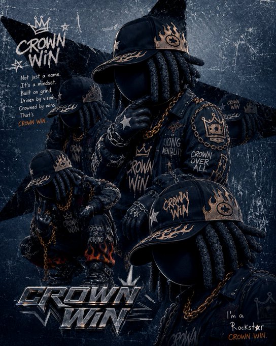 A promotional graphic for "Crown Win" featuring stylized figures with dreadlocks wearing black caps with flames and star designs, set against a dark blue textured background with the text "Not just a name. It's a mindset. Built on grind. Driven by vision. Crowned by wins. That's CROWN WIN."