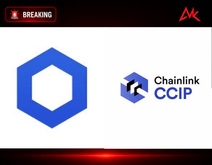 A news-style graphic with a 'BREAKING' alert in the top left corner, displaying the blue Chainlink hexagonal logo alongside the 'Chainlink CCIP' text logo, with an 'MK' logo in the top right.