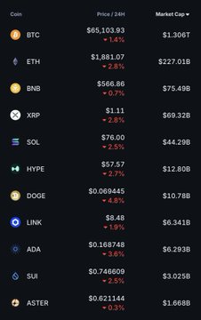 A cryptocurrency market list showing prices and 24-hour changes for coins including BTC ($65,103.93), ETH ($1,881.07), BNB, XRP, SOL, HYPE, DOGE, LINK, ADA, SUI, and ASTER.