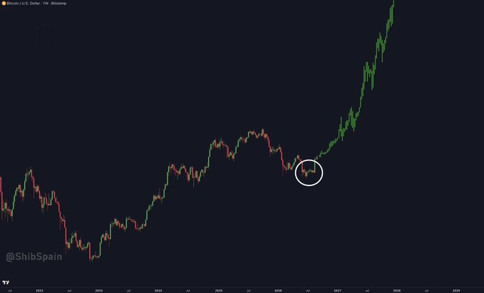 A Bitcoin/U.S. Dollar weekly candlestick chart from 2022-2029 with @ShibSpain watermark and a circled price dip before a sharp rise.
