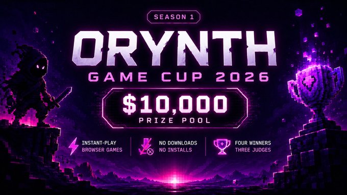 The image features a poster or banner advertising an upcoming game cup event, with two prizes displayed at the bottom of the poster - one trophy and one gaming console. The text "Season 1" indicates that this is a Season 1 event for the Orynth Game Cup.