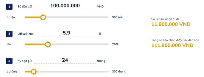 Vietnamese savings calculator interface showing deposit amount of 100,000,000 VND at 5.9% interest for 24 months, with expected returns of 11,800,000 VND.