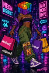A neon cyberpunk-style illustration of a figure wearing a VR/box helmet and streetwear holding colorful shopping bags, with signs reading 'NEON DISTRICT', 'ARCADE', and 'BUY MORE HYPE'.